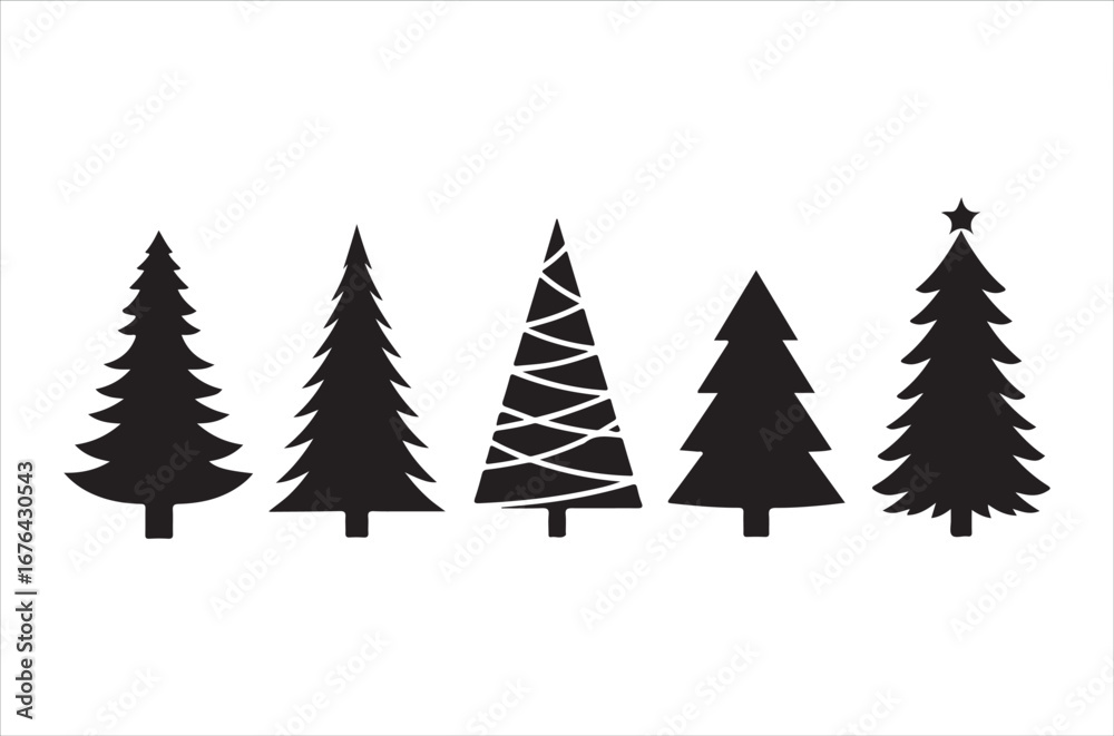 Fototapeta premium Tree silhouette vector bundle, black tree icons set, pine, oak, leafless and forest trees, nature illustration elements for design, bare and leafy trees, botanical, icon, Isolated, retro on white back