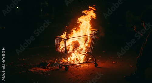 Shopping Cart Engulfed in Flames at Night