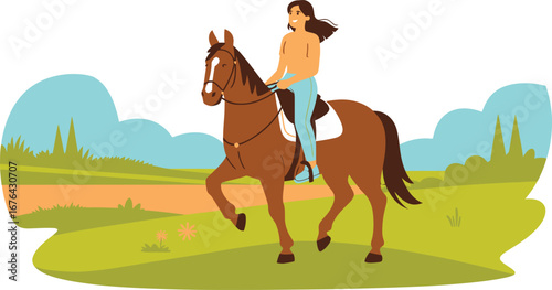Woman Riding a Horse Through a Green Field