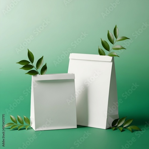 An elegant, minimalist mockup of two white paper bags on podiums, decorated with fresh leaves against a soft green background. A clean and sophisticated presentation for premium branding.