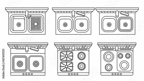 Discover diverse kitchen sink and stove top designs with clean line art for modern home planning and interior design inspiration.