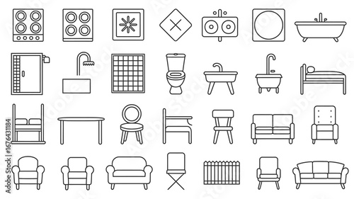 Essential home furnishings and fixtures collection, modern line art icons for interior design and renovation projects.