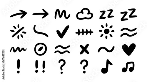 Collection of simple hand-drawn icons including arrows, shapes, symbols, and musical notes for creative projects