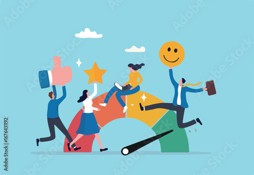 Employee engagement, commitment or motivation to success with company, staff dedication or job satisfaction, productivity or employee recognition, business people employee with stars and happy reward.