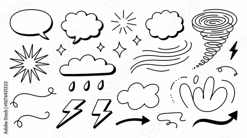 Whimsical hand-drawn weather icons and graphic elements perfect for creative projects and design inspiration