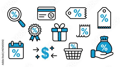 Unlock amazing deals with this vibrant collection of shopping and discount icons, perfect for promotions and sales campaigns