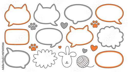 Charming collection of cat-themed speech bubbles, paw prints, hearts, a bunny, and yarn ball for playful communication and design