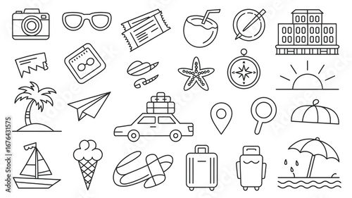 Iconic travel elements capture the spirit of adventure and relaxation for your next vacation planning and design projects.