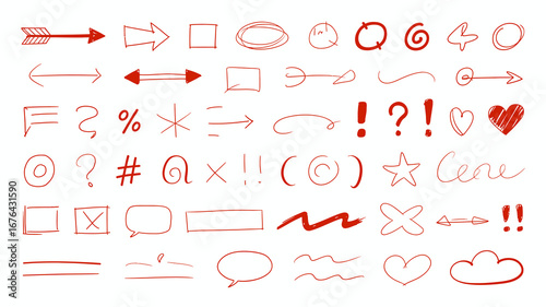 Hand-drawn red icons and symbols collection featuring arrows, shapes, hearts, and punctuation for creative design projects