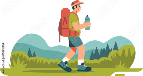 Hiker with Backpack and Water Bottle in Nature