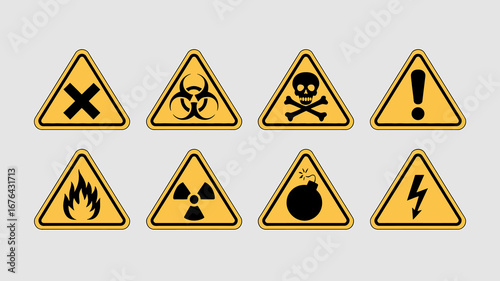 Collection of essential warning symbols including biohazard, poison, fire, radiation, bomb, and electrical hazards for safety communication.