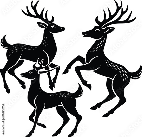 Two black silhouette deer with antlers in a jumping pose.