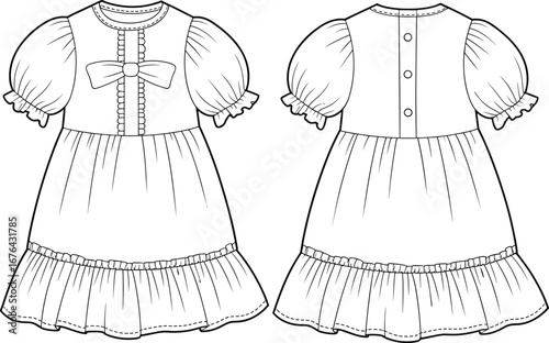Girl dress technical sketch, puff sleeve flat design, front back baby outfit, bow detail, ruffle hem, cad fashion vector