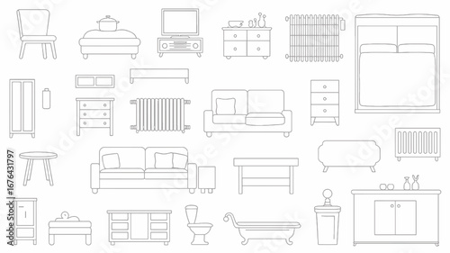 Chic line art furniture collection for modern home design inspiration, featuring sofas, beds, tables, and storage essentials