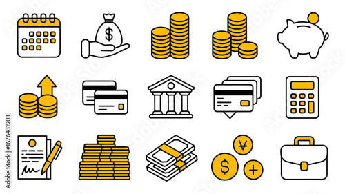Modern financial icons depicting savings, investments, banking, and planning for a prosperous future.