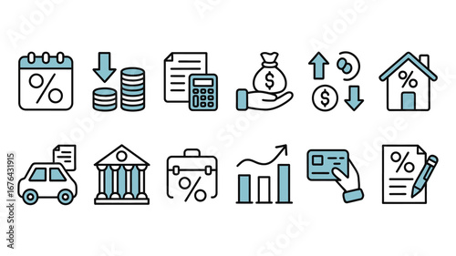 Modern finance icons illustrate concepts like loans, banking, investments, and savings for business and personal growth.