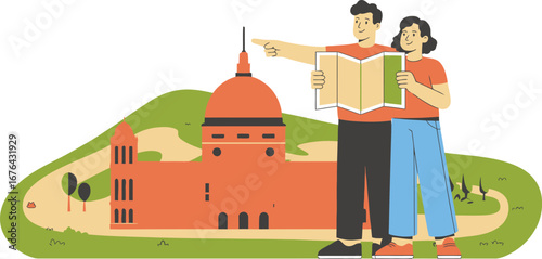 Couple with Map at Historic Building