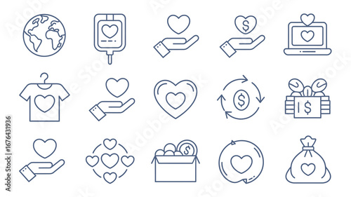 Inspiring icons representing global charity, donations, care, support, and positive giving for impactful campaigns and causes.