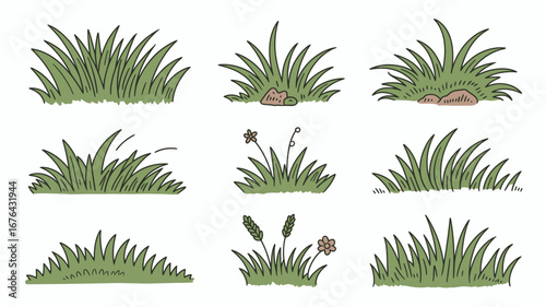 Vibrant green grass clumps and wildflowers add natural charm to any scene, perfect for outdoor designs and seasonal themes.