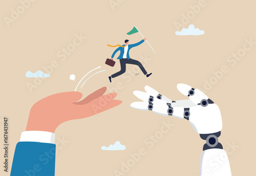 AI adoption or implementation to success, change or transformation using Artificial Intelligence innovation to help business achievement, businessman hold winning flag jump from human hand to AI hand.