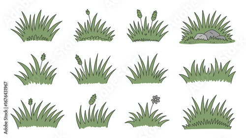 Charming collection of hand-drawn grass clumps and a single red flower, perfect for natural scenes