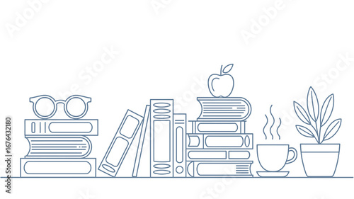 Cozy scene with stacked books, reading glasses, steaming coffee, and a potted plant, perfect for study or relaxation.