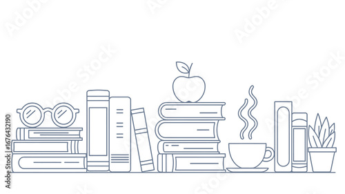 Cozy reading nook with stacked books, steaming coffee cup, reading glasses, apple, and potted plant, perfect for education or relaxation themes.