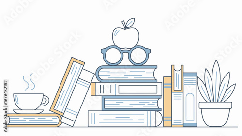 Charming illustration of stacked books with a steaming coffee cup, eyeglasses, an apple, and a potted plant, evoking education and relaxation.