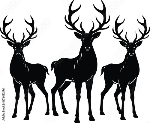 Two black silhouette deer with antlers in a jumping pose.