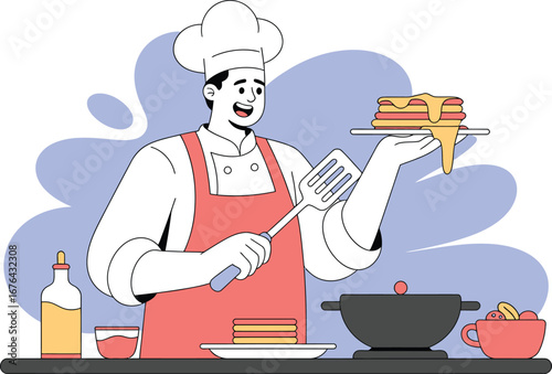Chef Serving Delicious Pancakes with Syrup