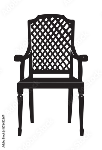 Silhouette of Armchair with Intricate Lattice Backrest on White Background