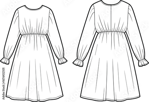 Girls dress flat sketch, long sleeve frock front and back view, gathered waist, fashion CAD drawing flat vector illustration