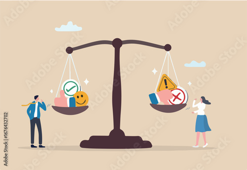 Pros and cons comparison, advantage and disadvantage evaluation, choice decision making, weighing between good or bad reason, assessment concept, pro and con elements on equilibrium balance.