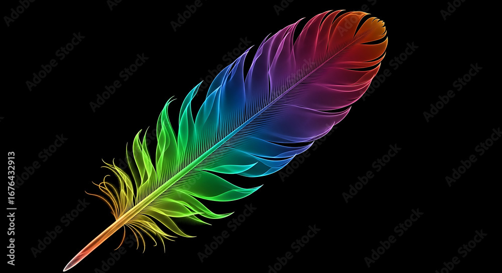 Obraz premium A vibrant, multicolored feather with a gradient of colors from yellow and green to blue, purple, and red, set against a stark black background.