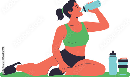 Woman in athletic wear drinks from a water bottle after workout