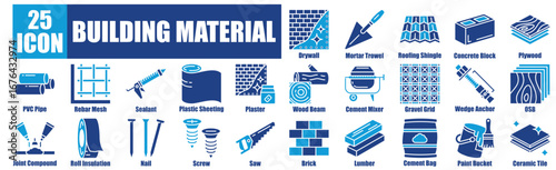 Building material icon pack dual tone collection set Drywall, Mortar Trowel, Roofing Shingle, Concrete Block, Plywood.