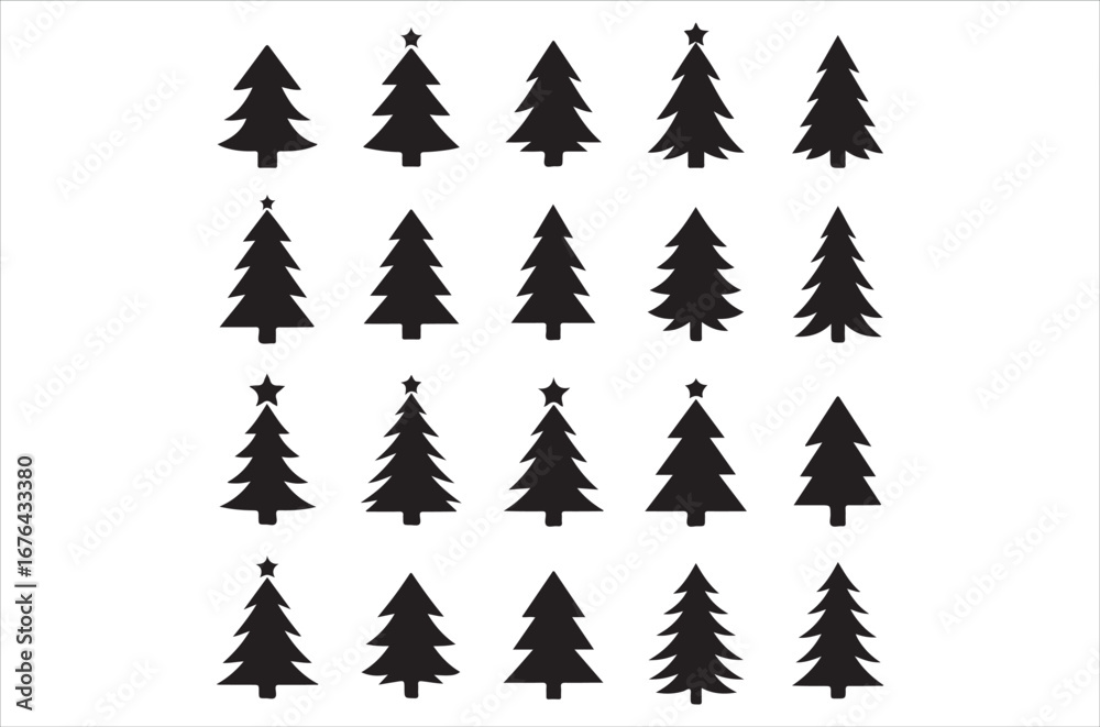 Obraz premium Tree silhouette vector bundle, black tree icons set, pine, oak, leafless and forest trees, nature illustration elements for design, bare and leafy trees, botanical, icon, Isolated, retro on white back