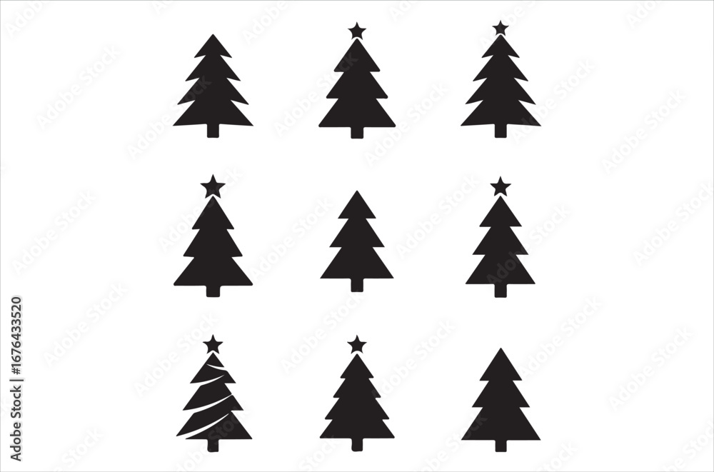 Obraz premium Tree silhouette vector bundle, black tree icons set, pine, oak, leafless and forest trees, nature illustration elements for design, bare and leafy trees, botanical, icon, Isolated, retro on white back