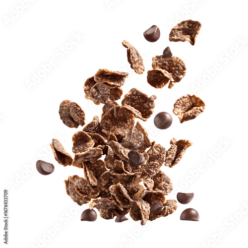 Chocolate cereal flakes and chips are falling isolated on transparent background.
