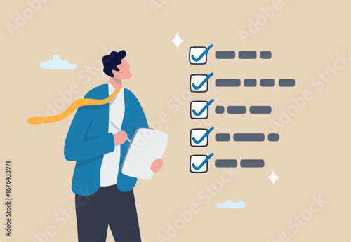 Checklist task accomplishment, approval digital document, list planning, completion or productivity task finish or job done checklist, businessman tick checkbox as completed on digital tablet