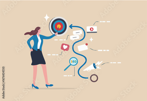 Marketing strategy, success planning to launch advertisement, optimize audience result, online promotion plan, performance report, businesswoman present marketing strategy plan to improve best result.