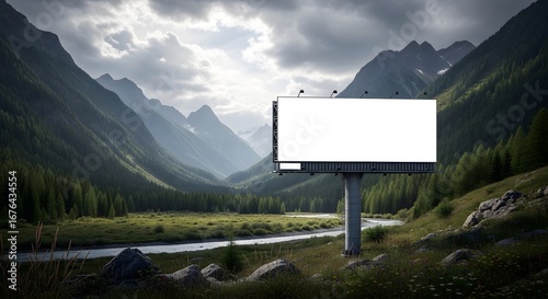 Fototapeta Naklejka Na Ścianę i Meble -  Blank billboard stands tall amidst a scenic mountain landscape with a flowing river below it