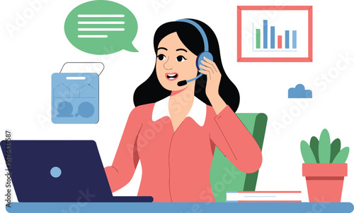 Woman working in a call center with a laptop and headset