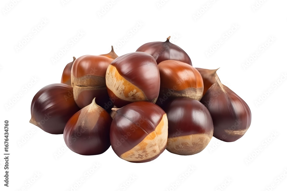 Obraz premium Heap of Dark Brown Chestnuts with Smooth Shells and Creamy Texture isolated on transparent background