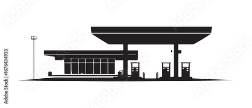 Silhouette of Gas Station with Pumps, Storefront, and Light Pole Against White