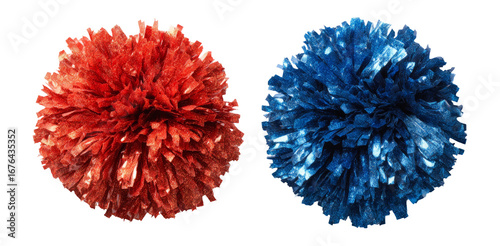Colorful Red and Blue Pom Poms Isolated on Transparent Background for Creation