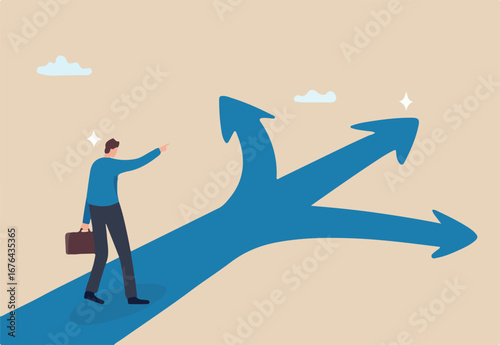 Making decision to the right path, determination or choice selection, leadership or ambition to success, opportunity choices, confidence businessman make decision pointing finger to success path. 
