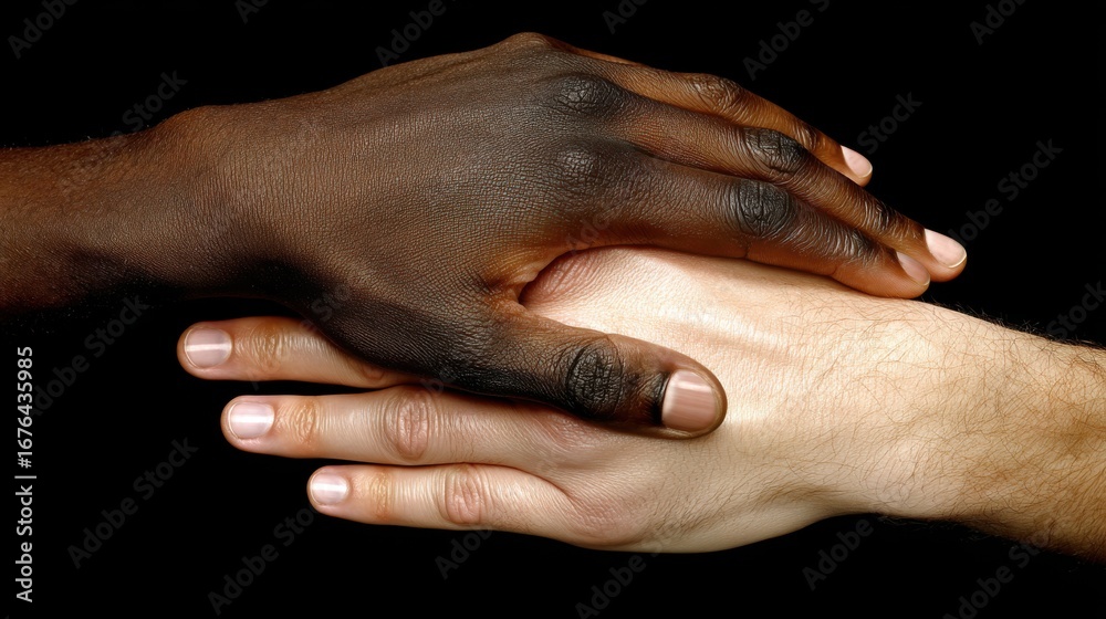 Fototapeta premium Unity through diversity collaborative hands symbolizing peace studio photography black background close-up social issues
