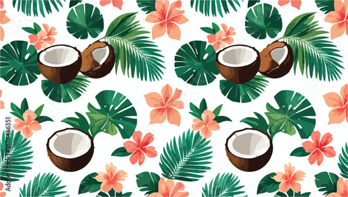 Colorful tropical pattern featuring coconuts, hibiscus flowers, and lush green leaves on a white background. Ideal for summer designs, fabrics, and tropical-themed decor.