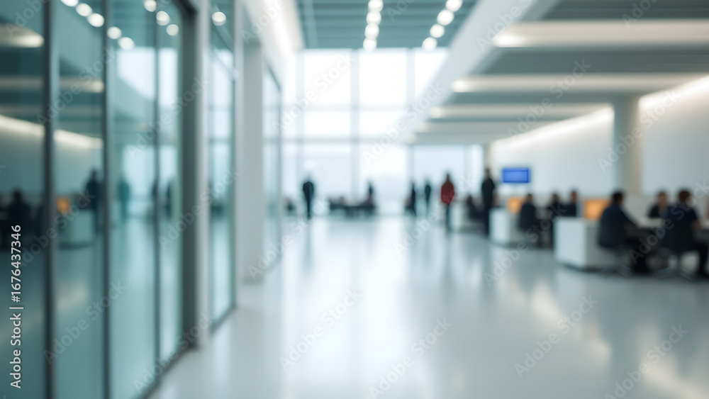 Fototapeta premium Blurred image of a modern corporate office corridor, glass walls, bright natural light.